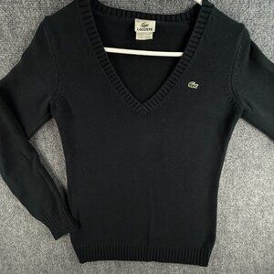 Lacoste Size 36 Pullover V Neck Sweater Cotton Knit Croc Logo Dark Blue Casual